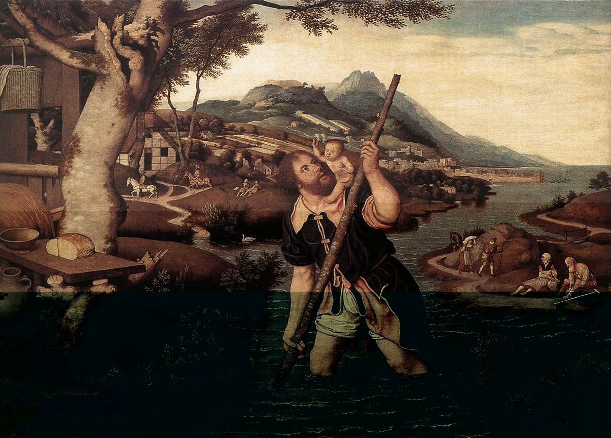 Hilly River Landscape with St Christopher g